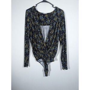 Free People Intimately Black Green‎ Floral Faux Wrap Bodysuit Women Size L